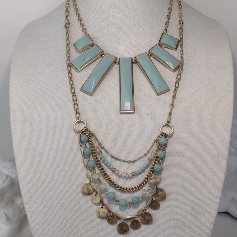 2 Gold Chain & Sea Green Glass Bead/Stone Very Cool Necklaces Edgy Boho Combo